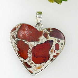 Sterling Silver 925 Heart Pendant Brecciated Red Jasper Gemstone New